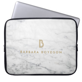 Minimalistisk vit marble Guld Monogram Laptop Fodral