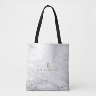 Minimalistisk vit marble Guld Monogram Tygkasse