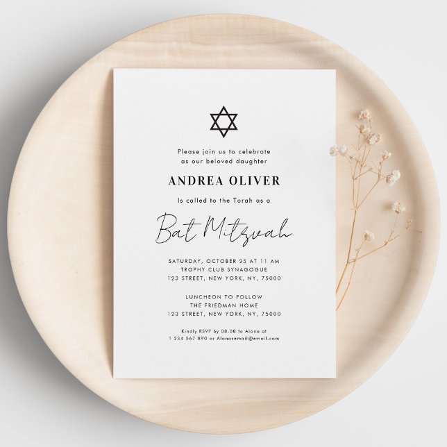 Minimalistisk vit modern enkel Bat Mitzvah  Inbjudningar (Skapare uppladdad)
