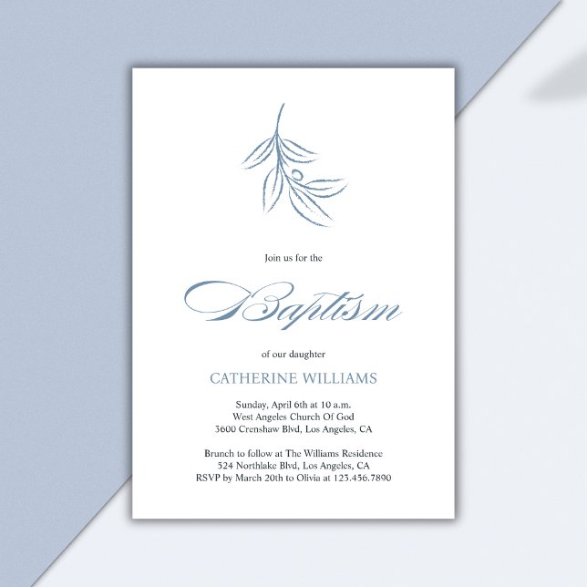 Minimalistisk vit och blå botanisk baptism inbjudningar (Minimalist White and Blue Botanical Baptism Invitation)