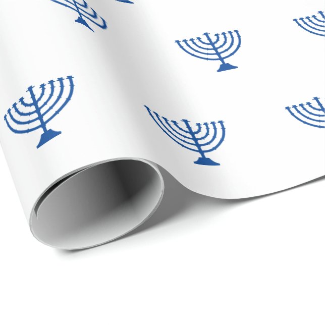 Minimalistisk vit och blå judisk menorah mönster presentpapper (Rullad Hörn)