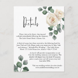 Minimalistisk vit och grön rosenbröllopsdetaljer tilläggskort