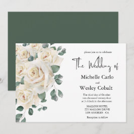 Minimalistisk vit och grön rosmiljö bröllop  inbjudningar