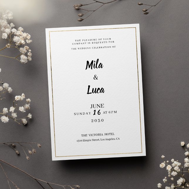 Minimalistisk vit och guld typografi Bröllop Inbjudningar (Minimalist white and gold typography Wedding )