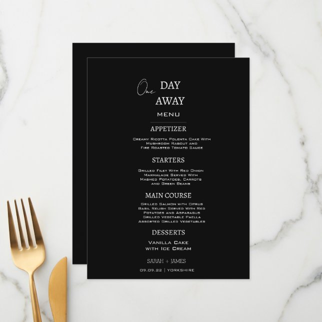 Minimalistisk vit och svart en dag över Bröllop Meny (Fram/Back In Situ)