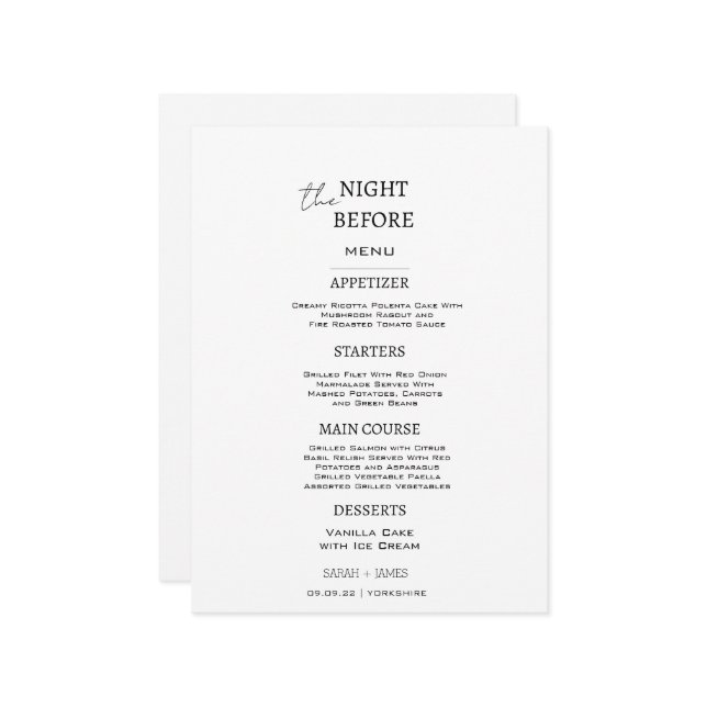 Minimalistisk vit och svart natten före Bröllop Meny (Fram/Back In Situ)