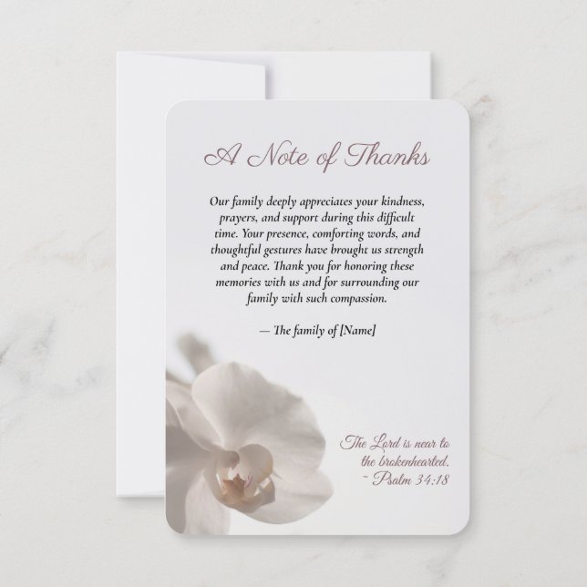 Minimalistisk vit orkidé-minnesmärke tack kort (Baksida)