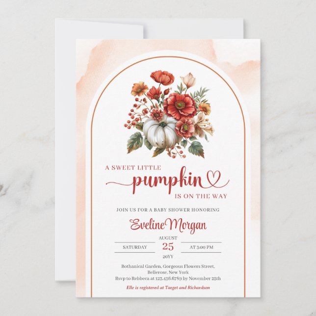 Minimalistisk vit pumpkröda blommor inbjudningar (Framsida)