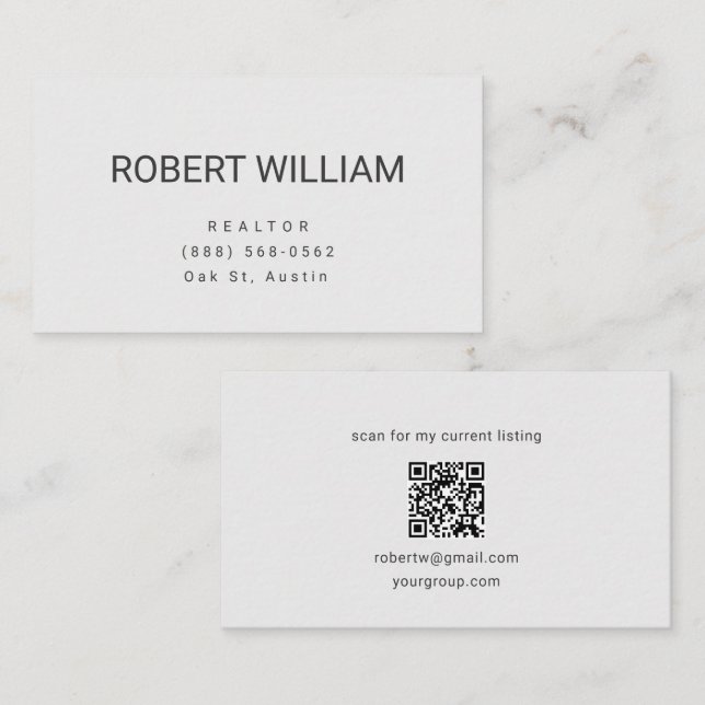 Minimalistisk vit QR-kod för fastighetsmäklare Visitkort (Fram/baksida)