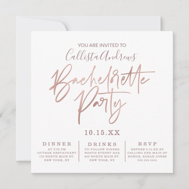 Minimalistisk Vit ros-Guld-typografi Bachelorette Inbjudningar (Framsida)