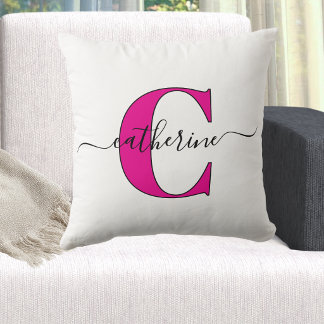 Minimalistisk vit rosa monogramnamn Stilig skrift Kudde