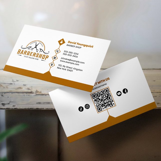 Minimalistisk Vit & Rostbrun Herrfrisör QR-kod Visitkort (Skapare uppladdad)