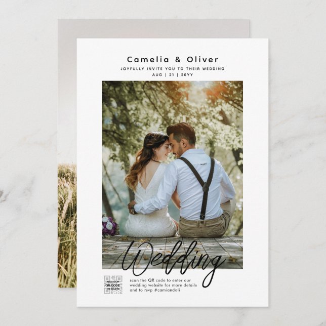 MINIMALISTISK Vit & Svart Bröllops FOTO QR-KOD Inbjudningar (Fram/baksida)