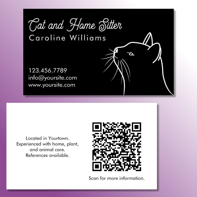 Minimalistisk Vit Svart Katt Illustration QR-kod Visitkort (Skapare uppladdad)