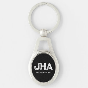 MINIMALISTISK VIT TRE BOKSTÄVER MONOGRAM NAMN SVAR OVALT SILVERFÄRGAD NYCKELRING