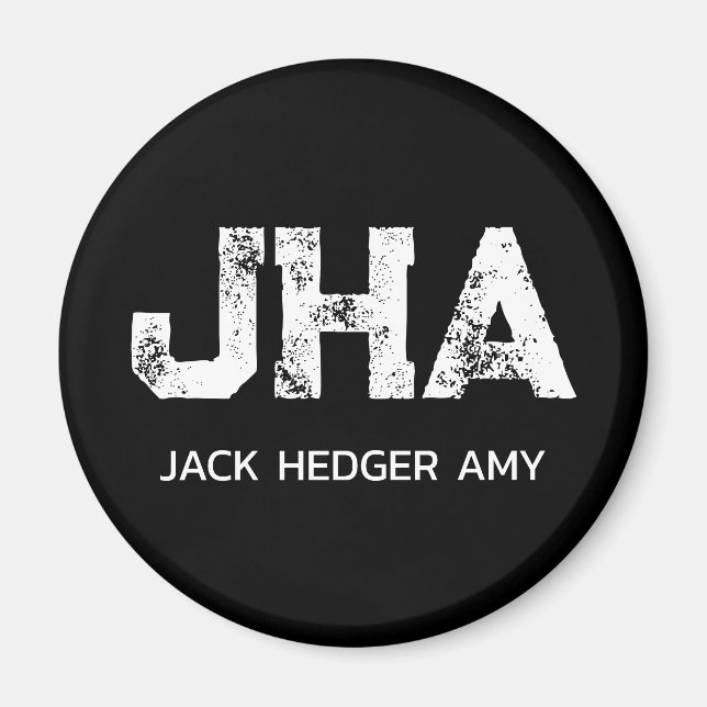 MINIMALISTISK VIT TREBOKSTAVIG MONOGRAM NAMN SVART MAGNET (Framsidan)