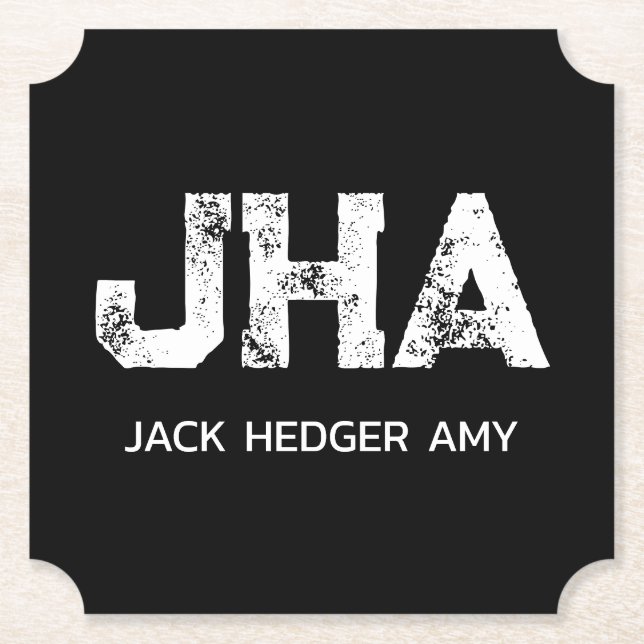 MINIMALISTISK VIT TREBOKSTAVIG MONOGRAM NAMN SVART UNDERLÄGG PAPPER (Framsida)