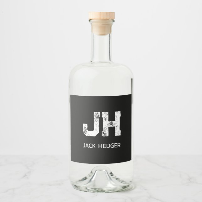 MINIMALISTISK VIT TVÅBOKSTAVIG MONOGRAM NAMN SVART SPRITFLASKOR ETIKETT (Framsida)