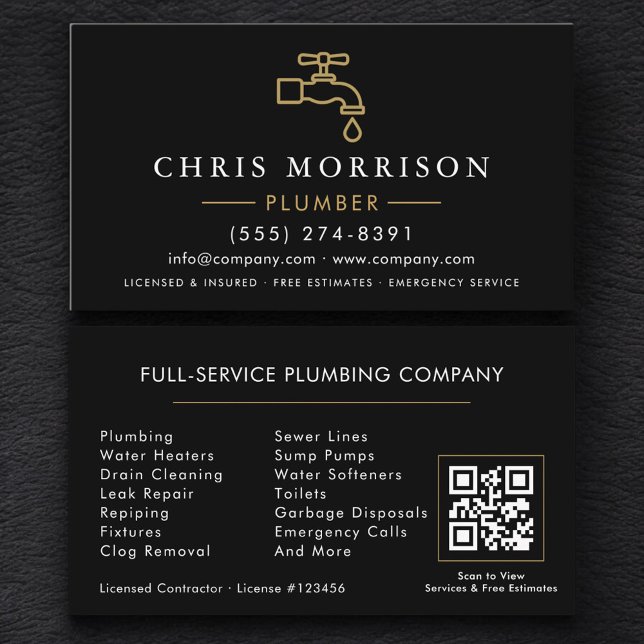 Minimalistisk VVS-installatör Svart Guld QR-kod Visitkort (Skapare uppladdad)