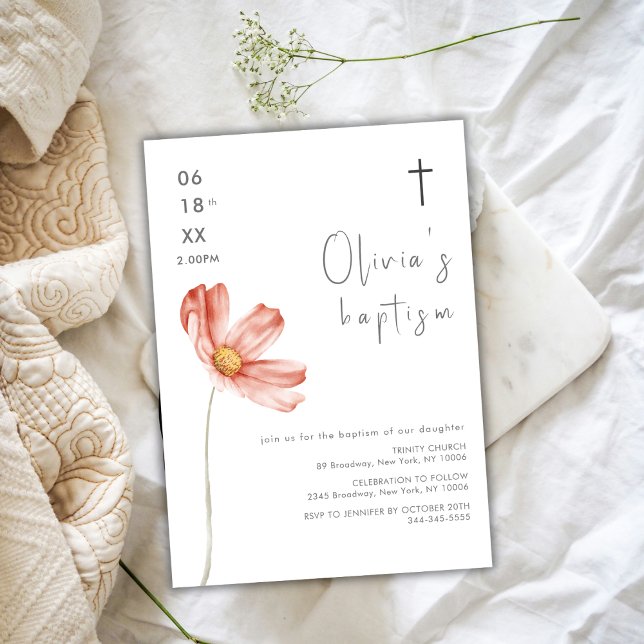 Minimalistisk Watercolor Wildblomma Kor-baptism Inbjudningar (Minimalist Watercolor Wildflower Cross Baptism Invitation)