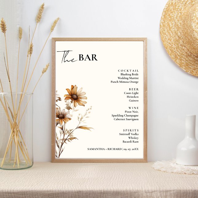 Minimalistisk Wildblomma Bröllop Drinks Pub Menu Poster (Skapare uppladdad)