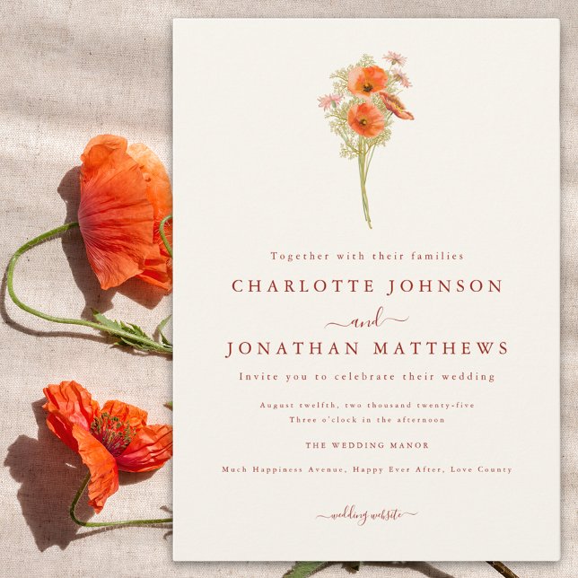 Minimalistisk Wildblomsbröllop Inbjudningar (Minimalist wildflower fall wedding invitation with burnt orange script and watercolor orange florals)