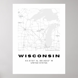 Minimalistisk Wisconsin Karta Art - Svartvit Poster