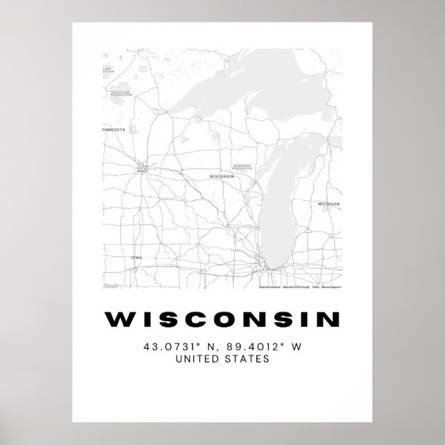 Minimalistisk Wisconsin Karta Art - Svartvit Poster (Framsidan)