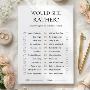 Minimalistisk 'Would She Rather' Bröllopsduschspel Inbjudningar