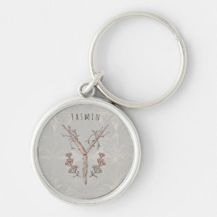 Minimalistisk Y<Pil Flower Monogram 'Y' Rund Silverfärgad Nyckelring