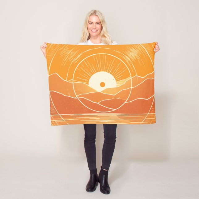 Minimalistisk Zen Berg Ocean Retro Solnedgång Fleecefilt (På plats)