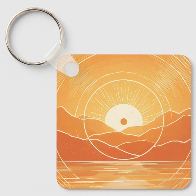 Minimalistisk Zen Berg Ocean Retro Solnedgång Nyckelring (Framsida)