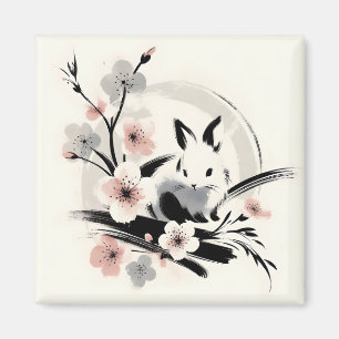Minimalistisk Zen-bläck kanin Körsbärsblommor Magnet