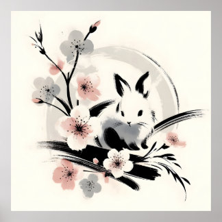 Minimalistisk Zen-bläck Kanin Körsbärsblommor Poster