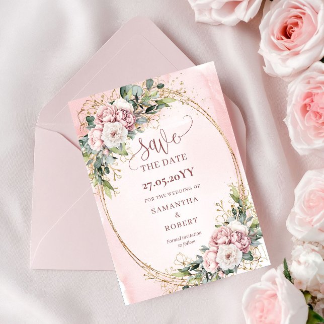 Minimalistiska akvarell rosablommor Spara datum Datumet (Minimal Watercolor Blush Pink Flowers Save The Date)