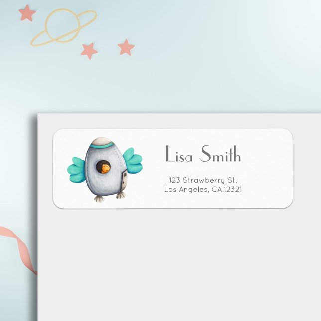 Minimalistiska Astronaut Bird Flies Spaceship Kids Returadress Etikett (Skapare uppladdad)
