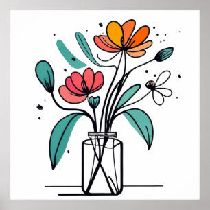 Minimalistiska bläck-ritade blommor i vas poster