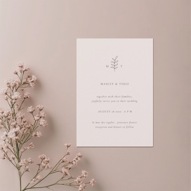 Minimalistiska blad Rosa svart bröllopsinbjudan Inbjudningar (Skapare uppladdad)