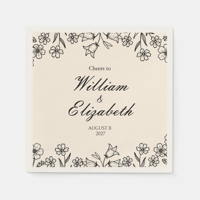 Minimalistiska blommiga elfenbensvita bröllopsserv pappersservett (Framsidan)
