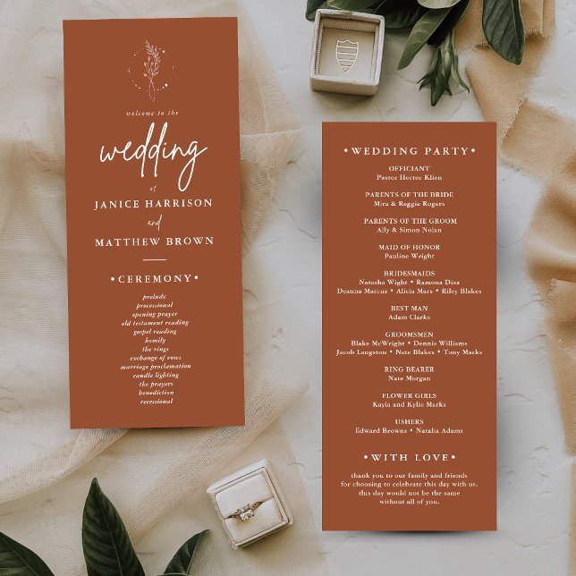 Minimalistiska Brända Orange Boho Bröllopsprogram (Minimalist burnt orange boho wedding programs add warm elegance and guide your ceremony flow.)