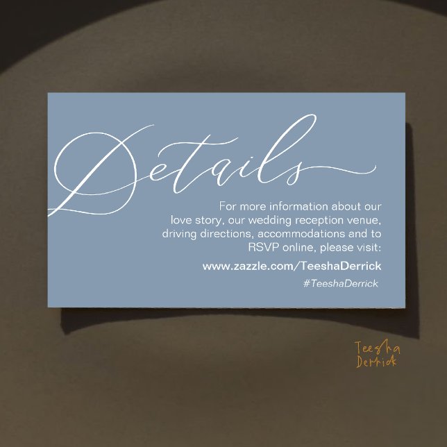 Minimalistiska bröllopsdetaljer Romantisk skriptwe Tilläggskort (Minimalist Wedding Details Romantic Script Website Enclosure Card in Dusty Blue)