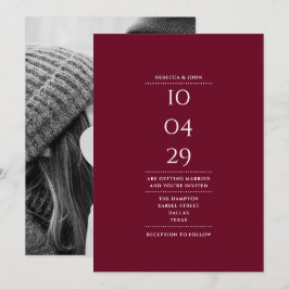 Minimalistiska Burgundy Foto Bröllopsdatum Inbjudningar