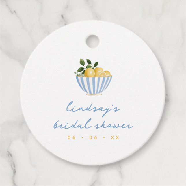 Minimalistiska citroner Blå & Gul Bröllopsdusch Gåvor Etiketter (Framsida)
