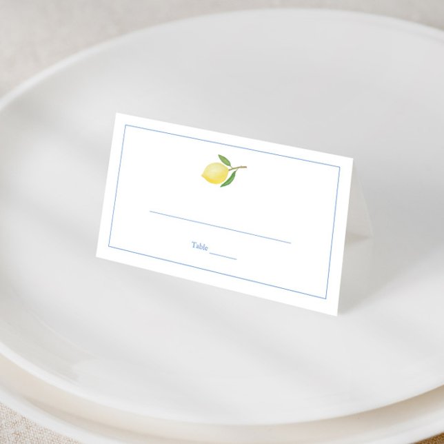Minimalistiska citroner seersucker-ränder bröllops placeringskort (Simple minimalist lemon wedding shower place card with blue and white seersucker stripes backer)