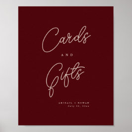 Minimalistiska djupröda kort och gåvor skylt