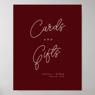 Minimalistiska djupröda kort och gåvor skylt
