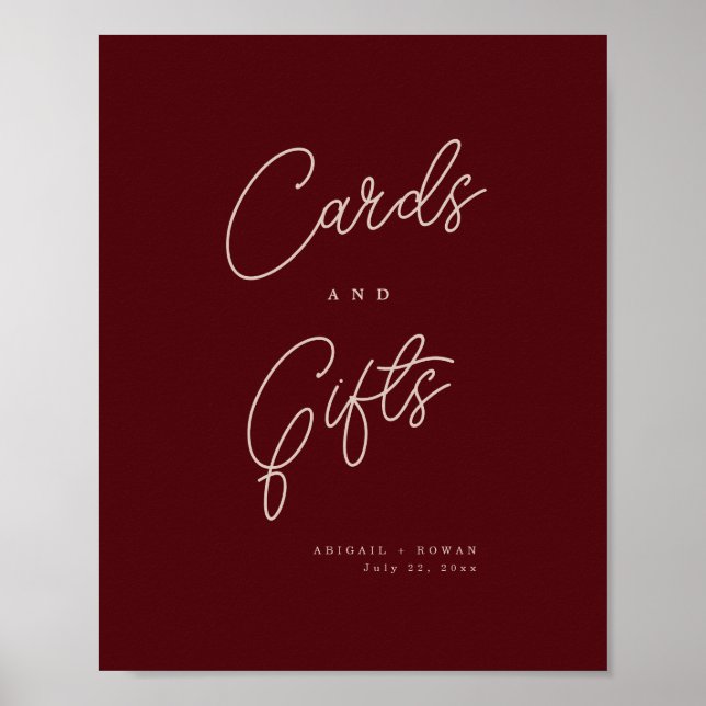Minimalistiska djupröda kort och gåvor skylt (Framsidan)