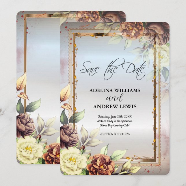 Minimalistiska Enkla Silver Blommor Ros, Guld Ram  Inbjudningar (Fram/baksida)