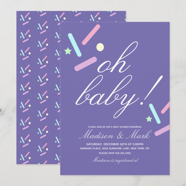 Minimalistiska flytande strössel lila  Baby Shower Inbjudningar (Fram/baksida)