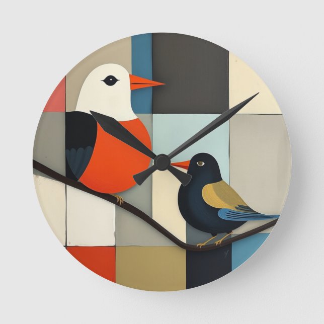 Minimalistiska geometriska fåglar rund klocka (Framsida)